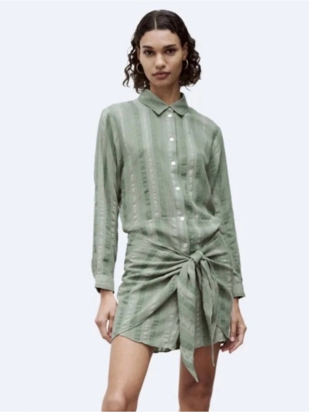 Zara Light Sage Green Button-Front Tie-Waist Shirt Dress